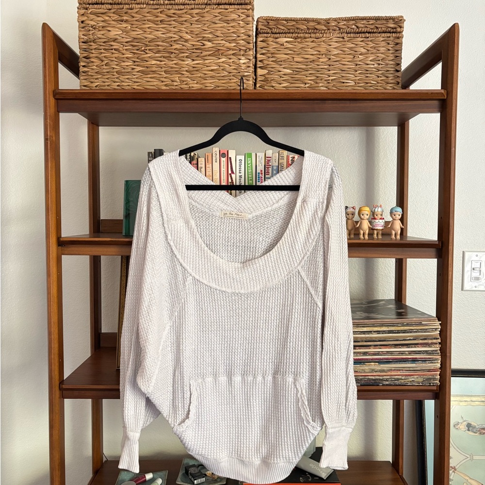 Free People Off-Shoulder Light Gray Waffle Knit Sweater